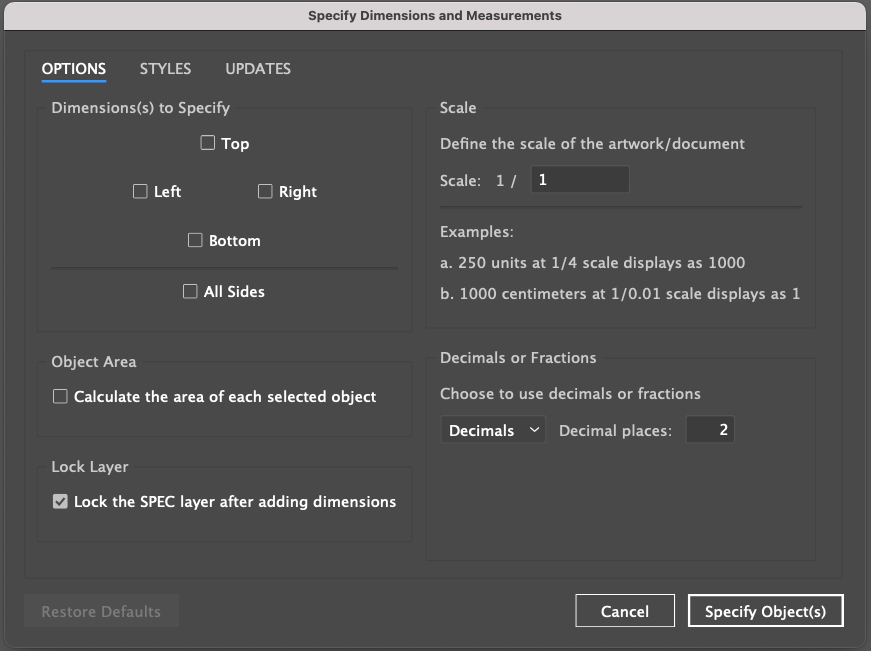 Specify extension options panel for dimensioning measurements