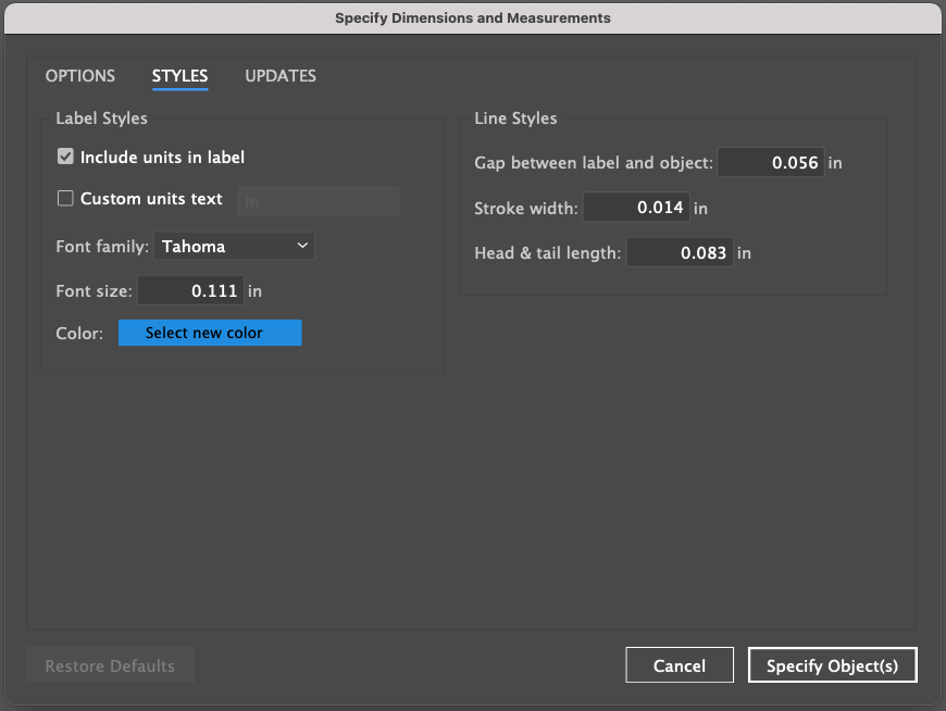 Specify extension styles panel for dimensioning measurements